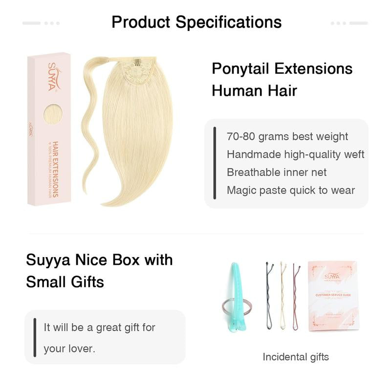 SUYYA Ponytail Extension Human Hair Wrap around Clip in Hair Piece Human Hair Ponytail Extension Straight Ponytail Human Hair