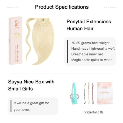 SUYYA Ponytail Extension Human Hair Wrap around Clip in Hair Piece Human Hair Ponytail Extension Straight Ponytail Human Hair