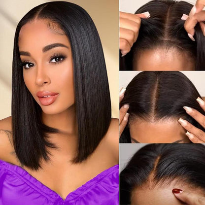 7X5 Glueless Straight Bob Wig Human Hair 200% Scale Lace Knotless Straight Blunt Cut Bone Straight Bob Wigs Preplucked Hairline with Baby Hair