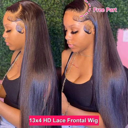 30 Inch Black Long Striaight HD Transparent Glueless Lace Frontal Wigs for Black Women Brazilian Pre Plucked Remy 100% Human Hair Wig 13X4 Lace Frontal Wig 180% Density Brazilian Bone