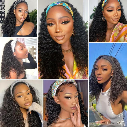 Headband Wig Human Hair Deep Wave 20 Inch Human Hair Headband Wig Glueless Curly Hair Human Hair Wigs None Lace Front Wigs Human Hair for Black Women Human Hair Natural Color