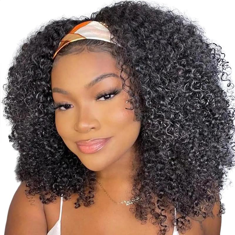 XSY Headband Wig Human Hair Kinky Curly Human Hair Wigs for Black Women None Lace Front Wigs Brazilian Virgin Human Hair Wig Curly Headband Wig 150% Density Natural Color