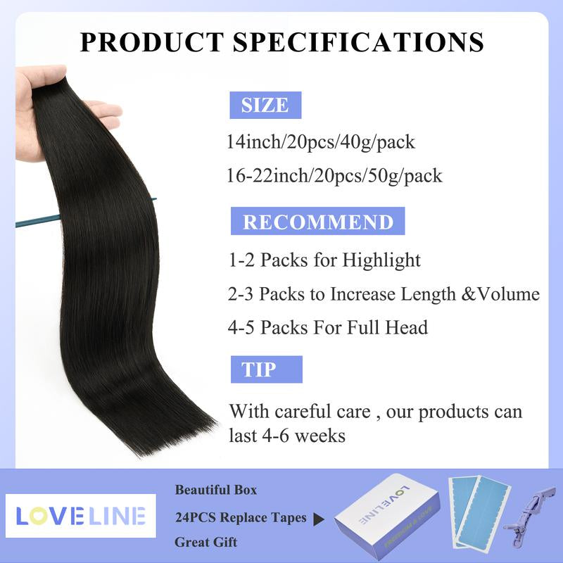 LOVELINE Tape in Extensions Human Hair 20Pcs 50G 100% Remy Straight Human Hair Extensions Skin Weft Tape in Hair Extensions for Women