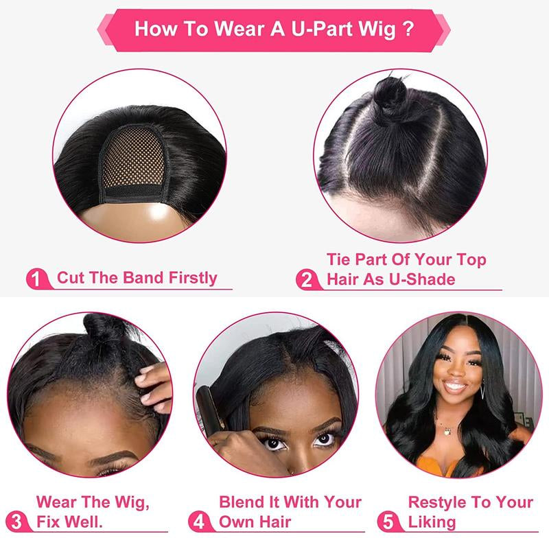 Vipbeauty U Part Human Hair Wig Body Wave/Yaki Straight Natural Black U Part Wigs for Women 10A U-Part Half Wigs Upgraded 1.5''X 3''Middle U Shape Wig Real Human Hair Extensions Glueless Human Hair Wigs 150% Density