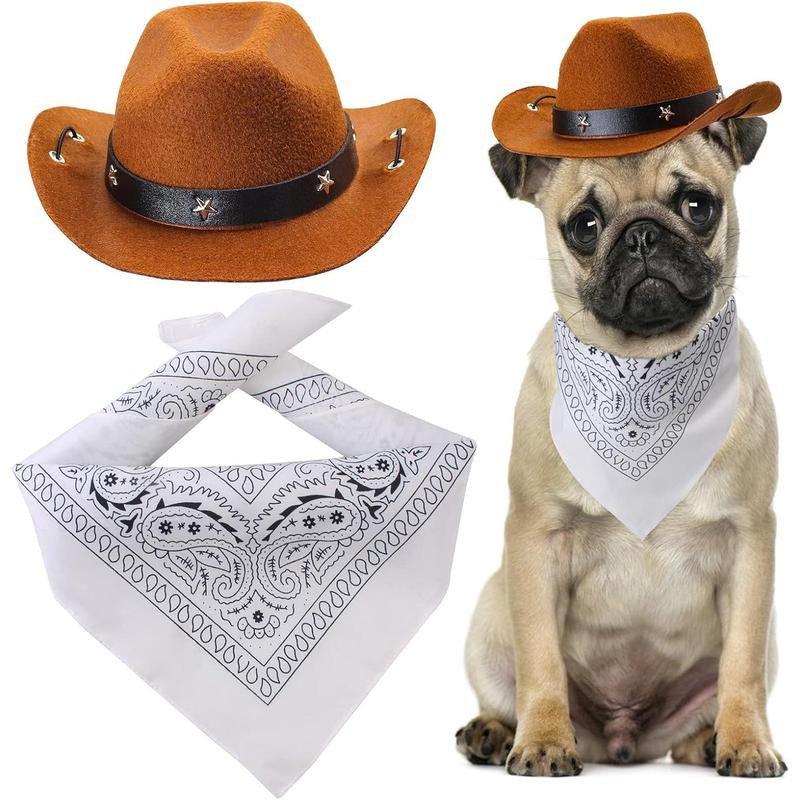 Pet Cowboy Costume Accessories Dog Cat Pet Size Cowboy Hat and Bandana Scarf West Cowboy Accessories for Puppy Kitten Party Festival and Daily Wearing Set of 2 (Coffee)