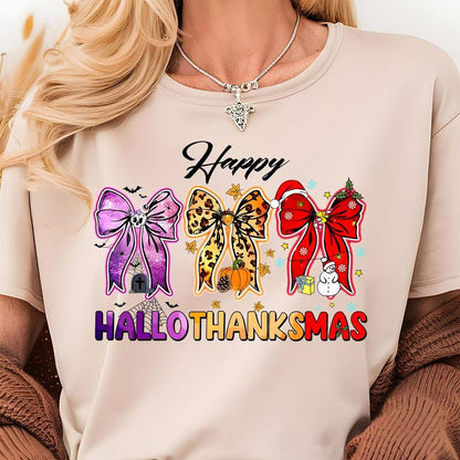 Happy Hallothanksmas Coquette Bow Shirt, Halloween Thanksgiving Christmas Gift, Combination Pumpkin Spice, Snowmen, Pie Sweatshirt