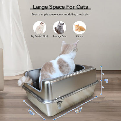 Pet Magic M Enclosed Stainless Steel Cat Litter Box with Metal Lid and Scoop,Suitable for Small Cats or Rabbits,Rust-Resistant,Odor-Control,Easy to Clean,Durable & Long-Lasting with round Edge Stainless Steel