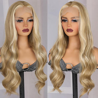 26Inch Platinum Lace Front Wig Highlight Honey Blonde 13X4 Ombre Color Long Body Wave Heat Resistant Glueless Synthetic Lace Front Wigs for Women