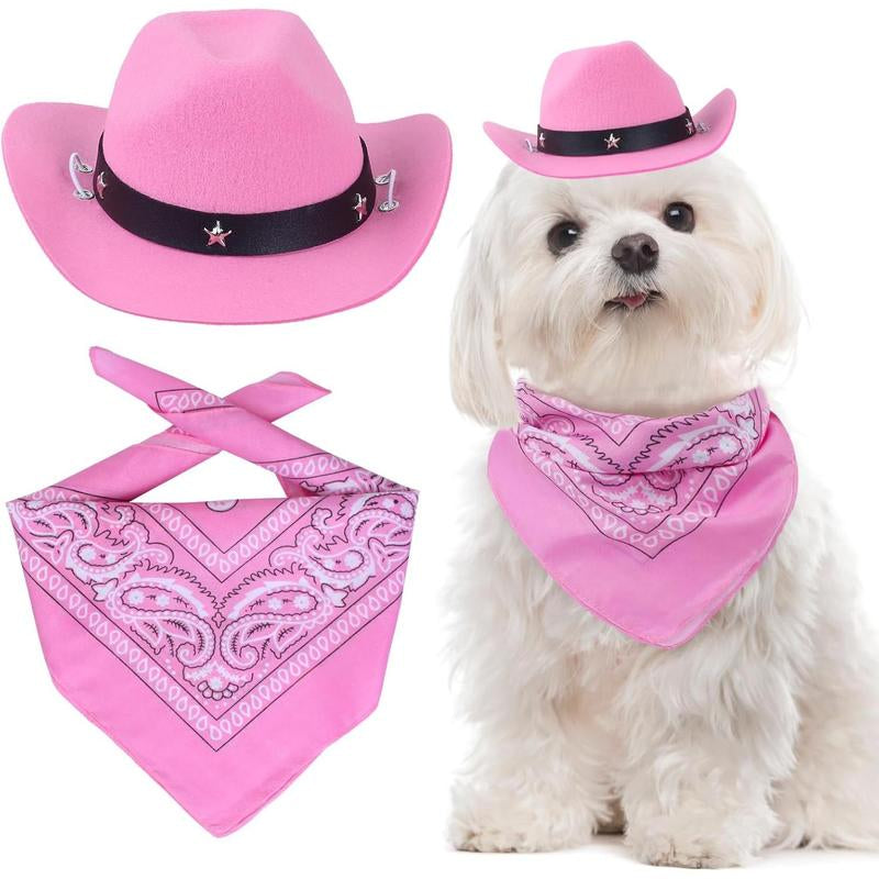 Pet Cowboy Costume Accessories Dog Cat Pet Size Cowboy Hat and Bandana Scarf West Cowboy Accessories for Puppy Kitten Party Festival and Daily Wearing Set of 2 (Coffee)