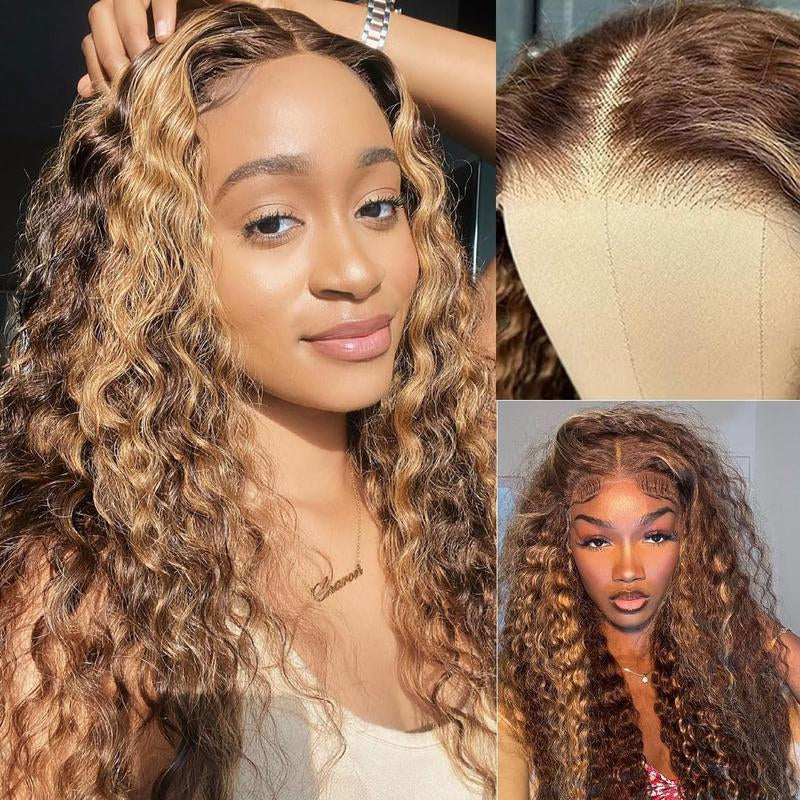 5X5 Wear and Go Glueless Wigs Human Hair Pre Plucked Pre Cut Highlight Blonde Water Wave Lace Front Wigs Human Hair HD Lace Closure Ombre Wig Human Hair Curly Lace Closure Human Hair Wig 22 Inch