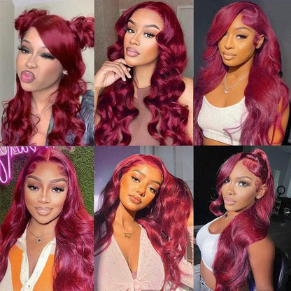 30 32Inch 180 Density 99J Burgundy Body Wave Wigs 13X4 Lace Frontal Human Hair Wigs for Women Wine Red Lace Closure Wig