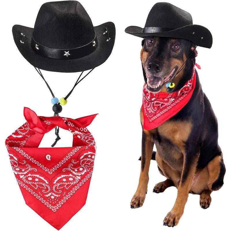 Pet Cowboy Costume Accessories Dog Cat Pet Size Cowboy Hat and Bandana Scarf West Cowboy Accessories for Puppy Kitten Party Festival and Daily Wearing Set of 2 (Coffee)