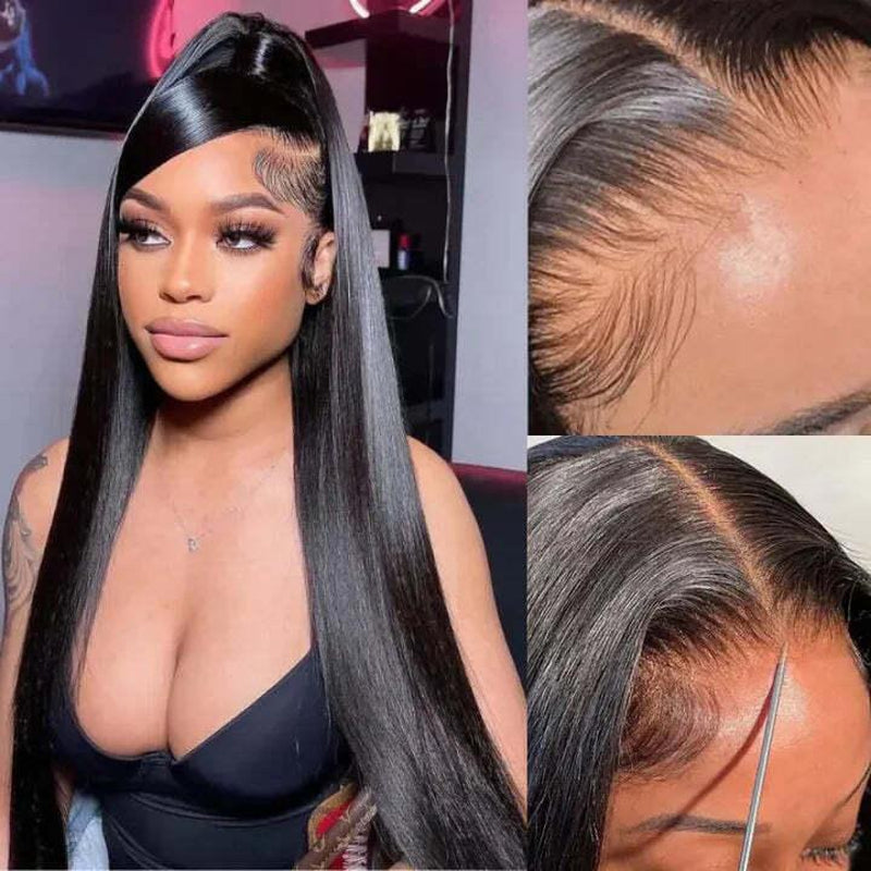 30 Inch Black Long Striaight HD Transparent Glueless Lace Frontal Wigs for Black Women Brazilian Pre Plucked Remy 100% Human Hair Wig 13X4 Lace Frontal Wig 180% Density Brazilian Bone