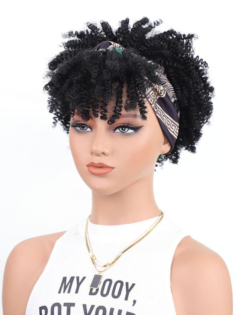 11.42 Inch Black Coily Short Afro Puff Head Wrap Human Hair Wigs, Heat Resistant Fiber Wigs for Women, Synthetic Full Machine Wigs for Party, Daily