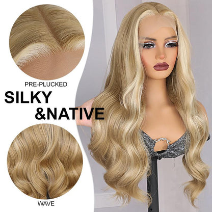 26Inch Platinum Lace Front Wig Highlight Honey Blonde 13X4 Ombre Color Long Body Wave Heat Resistant Glueless Synthetic Lace Front Wigs for Women