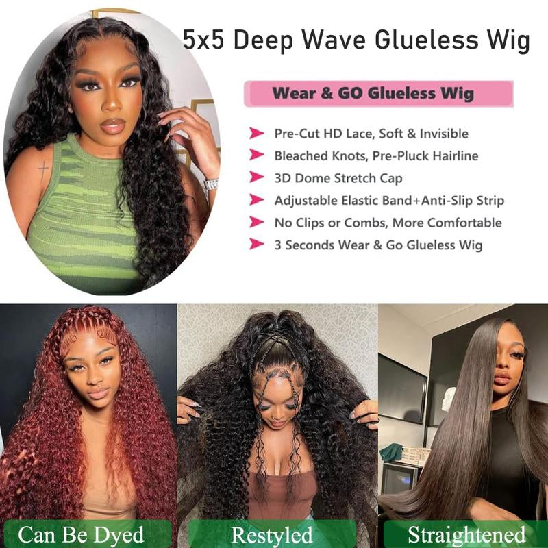 Utracycoy Glueless Wear and Go 5X5 Closure Lace Front Wig 180 Density Deep Wave Brazilian Human Hair Pre Cut Easy to Wear Natural Color Free Fast Shipping Ny Chair