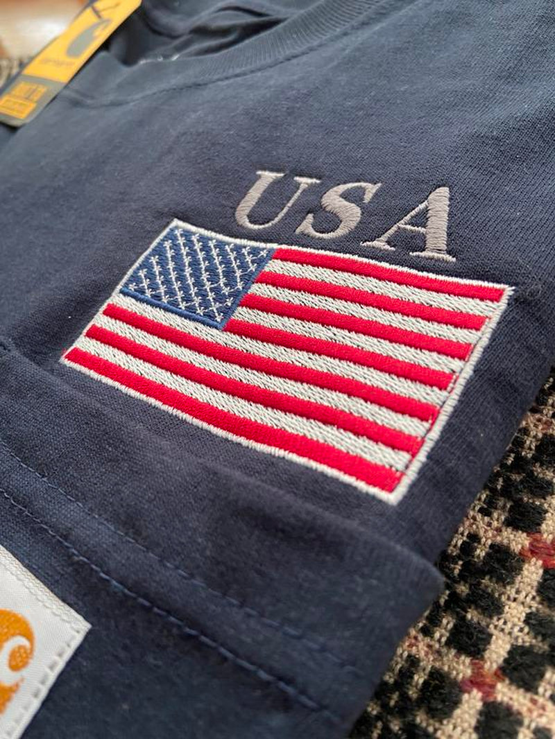 Carhartt Embroidered USA Flag Pocket Tee Cotton Menswear Tshirt Loose Navy