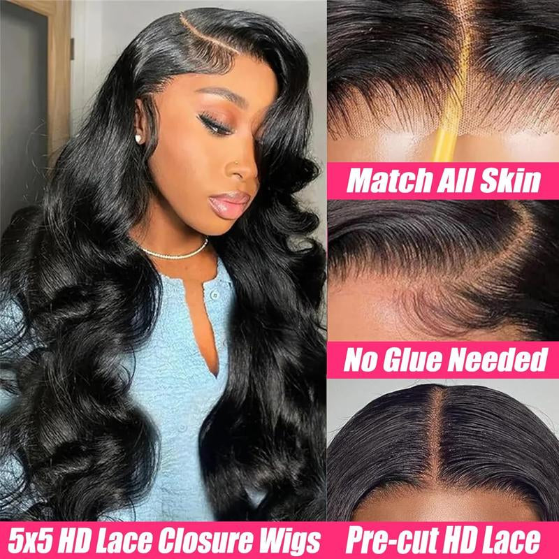 Glueless Wigs Human Hair Pre Plucked Pre Cut 5X5 HD Lace Closure Wigs Human Hair 26 Inch Wear and Go Body Wave Lace Front Wigs Human Hair for Black Women 180 Density Natural Black