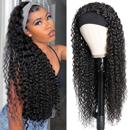 Headband Wig Human Hair Deep Wave 20 Inch Human Hair Headband Wig Glueless Curly Hair Human Hair Wigs None Lace Front Wigs Human Hair for Black Women Human Hair Natural Color