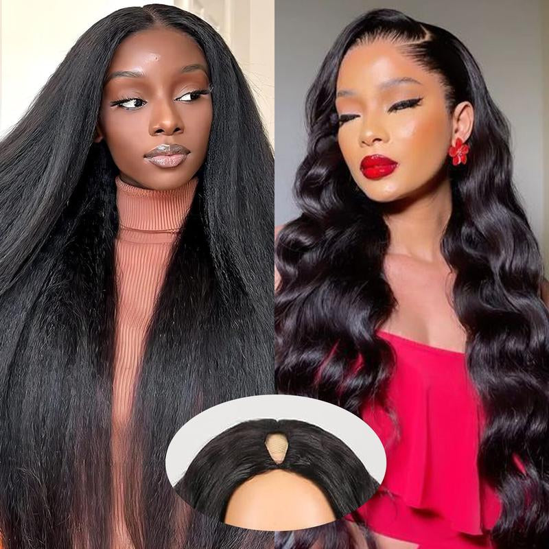 Vipbeauty U Part Human Hair Wig Body Wave/Yaki Straight Natural Black U Part Wigs for Women 10A U-Part Half Wigs Upgraded 1.5''X 3''Middle U Shape Wig Real Human Hair Extensions Glueless Human Hair Wigs 150% Density