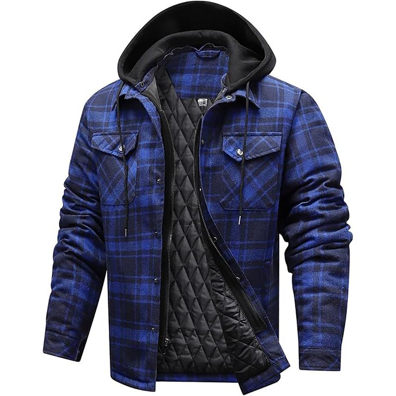 Flannel Jackets for Men Long Sleeve Plaid Shirt Jacket Quilt Lined Hooded with Button down Winter Coat Menswear Longsleeves Casual Pocket Classic Cotton Sports Medium Polyester Stylish