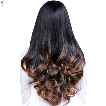 Women Big Wave Long Curly Wavy Gradient Color Ombre Three-forth Full Hair Wig
