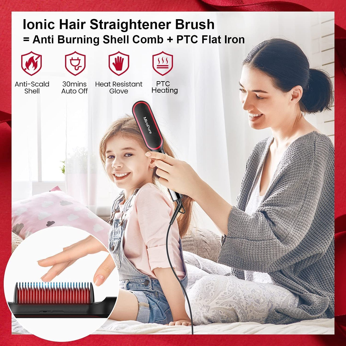 Hair Straightener Comb, MiroPure Hair Straightening Brush, Anion Hair Straightener Brush w/LED, 13 Settings, Far IR & Ionic, Dual Voltage Ceramic Comb for Thick Hair, Anti Scald Auto Off