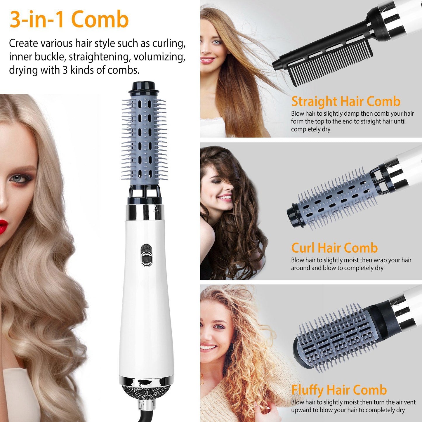 3 In 1 Hot Air Brush One-Step Hair Dryer Comb 3 Interchangeable Brush Combs Volumizer Hair Curler Straightener