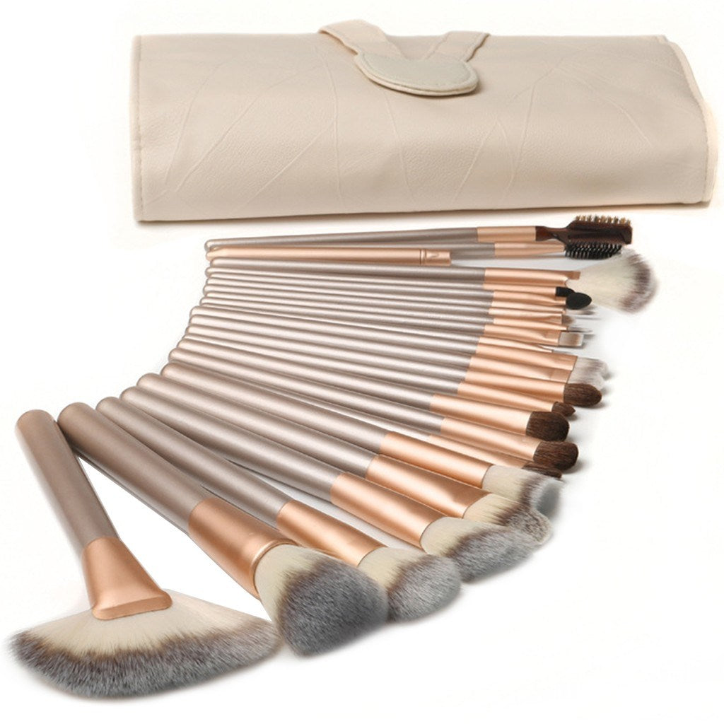 24 pcs Champagne Color Wood Handle Nylon Makeup Cosmetic Brush Set with Pouch