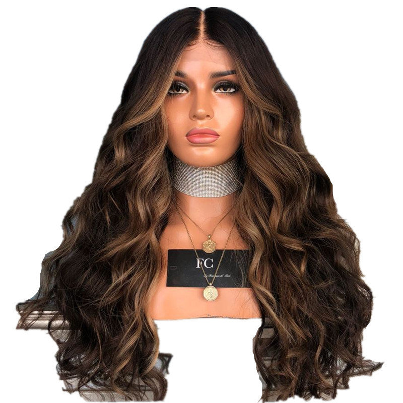 Long Wavy Brown Root Honey Blonde Ombre Wig Half Hand Tied Heat Friendly Synthetic Lace Front Wig