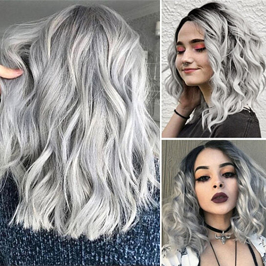 Gradient Gray Side Parting Curly Wig Women Shoulder Length Cosplay Hairpiece