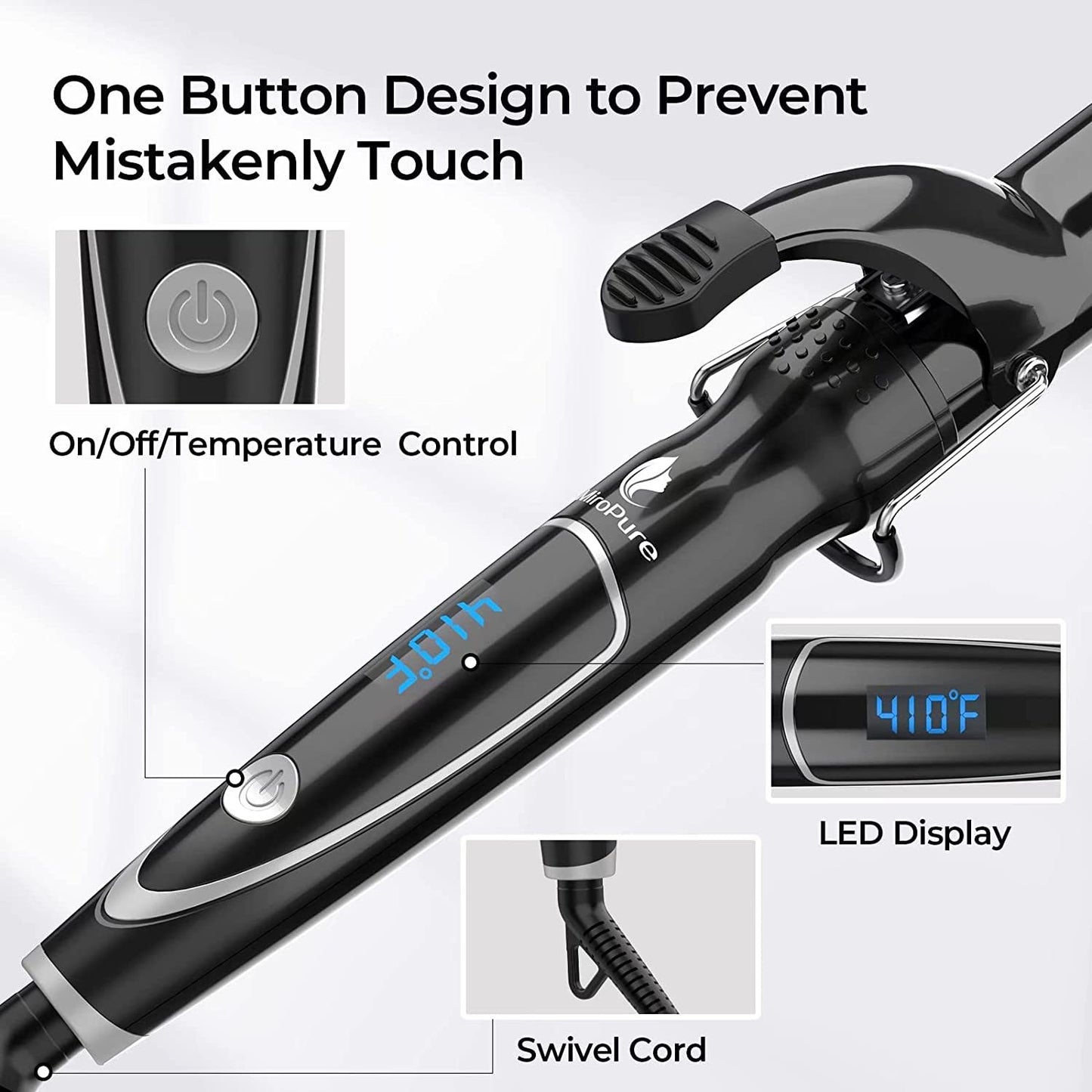 Curling Iron 1 1/4-inch Dual Voltage Instant Heat with Ceramic Coating;  LED Display;  6 Temp Settings;  Glove Included