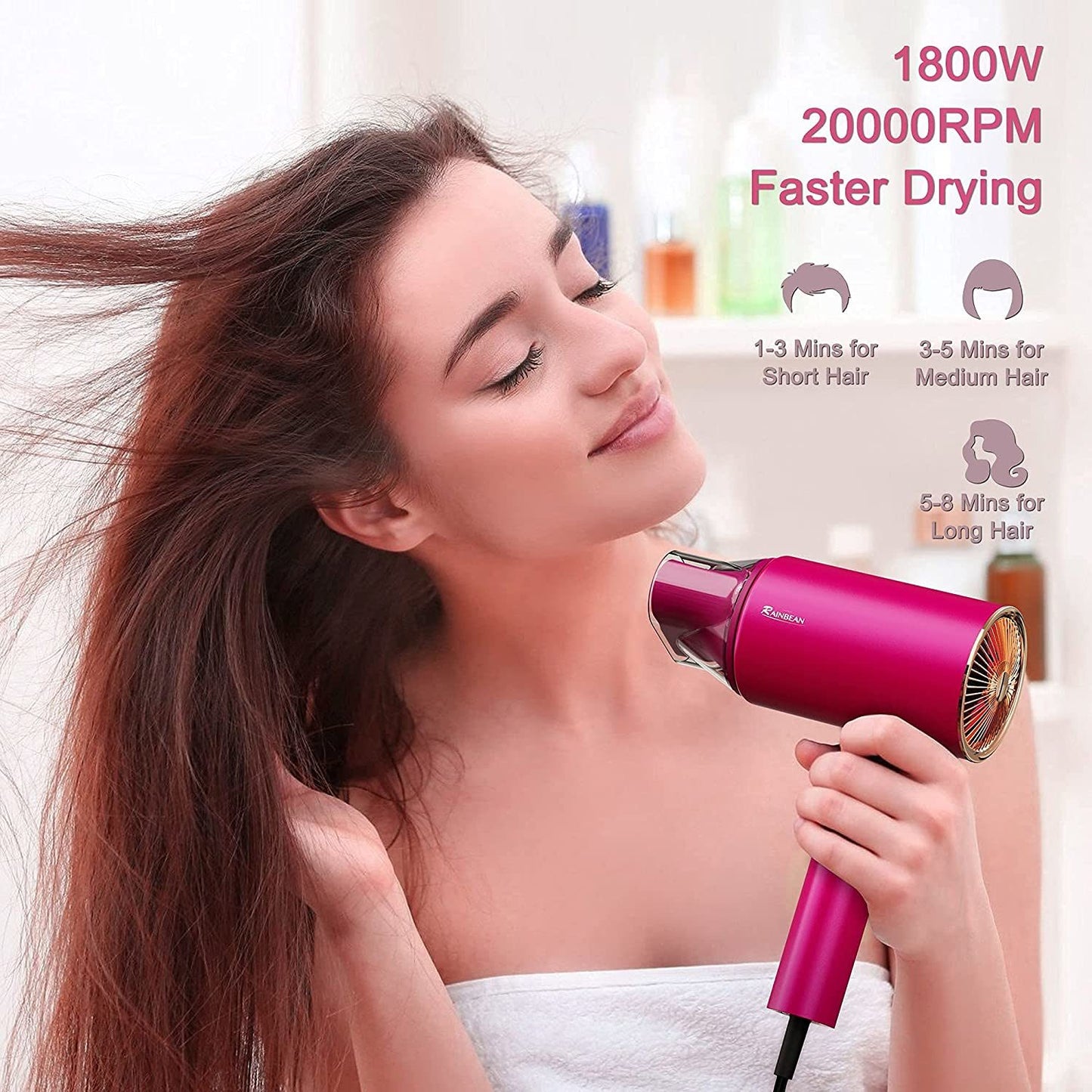 Water Ionic Hair Dryer, 1800W Blow Dryer with Magnetic Nozzle, 2 Speed and 3 Heat Settings, Powerful Low Noise Fast Drying Travel Hair Dryer for Home, Travel and Salon, Pink