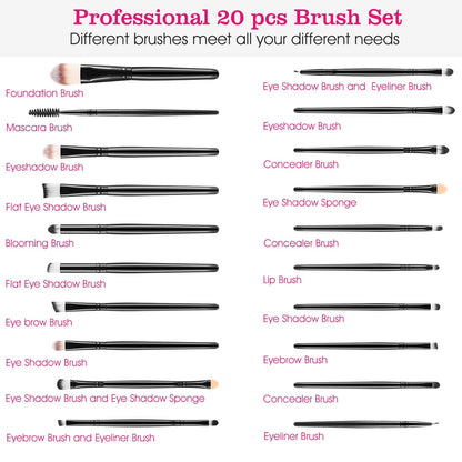 20 pcs Makeup Brushes Set Eye Shadows Face Foundation Brushes Cruelty-Free Synthetic Fiber Bristles