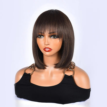 Straight Short Bob Wig With Bangs Colored #2 Brown Human Hair Wig With Bangs For Women Brazilian Glueless Full Machine Made Wig With Bangs 180% 200% Density