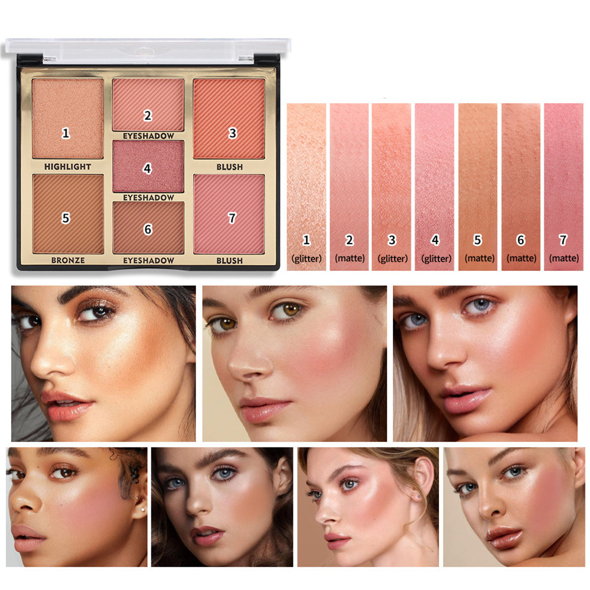 Highlighter Blush Palette Contour and Highlight Blush Palette Matte Blush Powder Face Cosmetics Blusher Light Face Blush Palette 1PCS