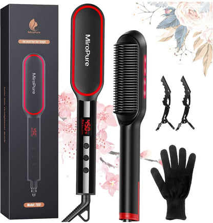Hair Straightener Comb, MiroPure Hair Straightening Brush, Anion Hair Straightener Brush w/LED, 13 Settings, Far IR & Ionic, Dual Voltage Ceramic Comb for Thick Hair, Anti Scald Auto Off