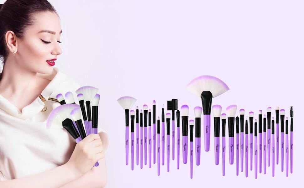A set of 32 purple makeup brushes; suitable for full makeup; blush; concealer; high gloss; lip brush; and girl's beauty tool (without bag)