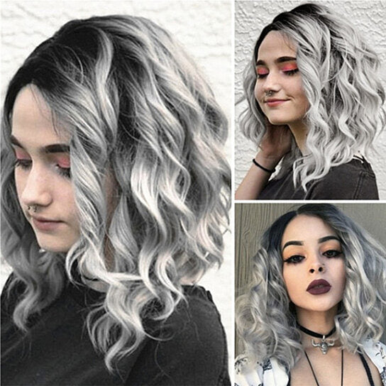 Gradient Gray Side Parting Curly Wig Women Shoulder Length Cosplay Hairpiece