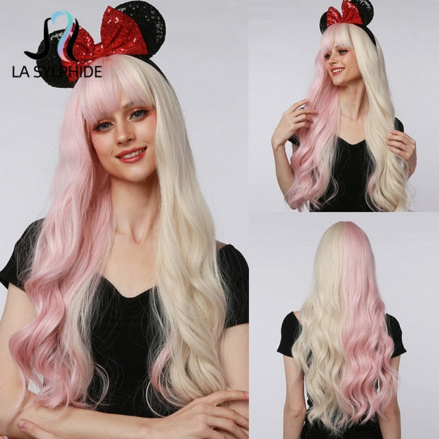 Long Wave Root Black Ombre Pink Synthetic Hair Wig - Heat Resistant