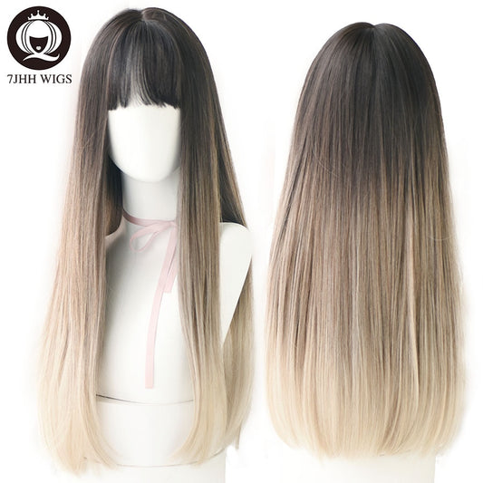 Noble Light Brown Black Long Remy Wigs For Women With Bangs