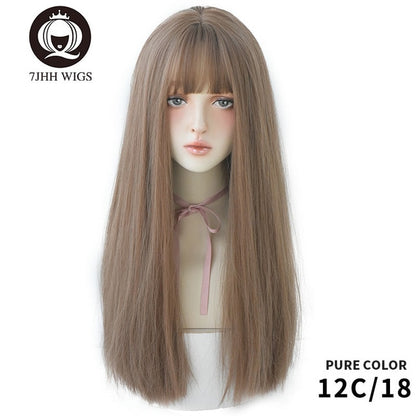 Noble Light Brown Black Long Remy Wigs For Women With Bangs