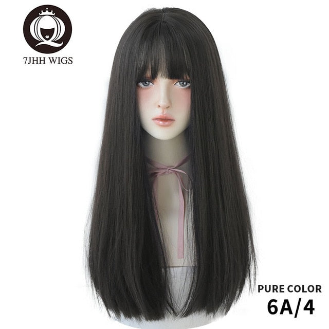 Noble Light Brown Black Long Remy Wigs For Women With Bangs