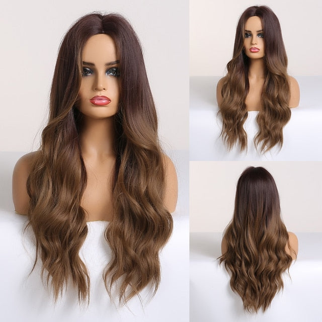 Synthetic Long Body Wave Ombre Brown Wigs