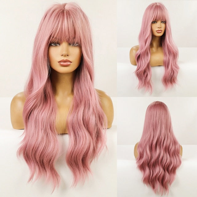 Long Wave Root Black Ombre Pink Synthetic Hair Wig - Heat Resistant