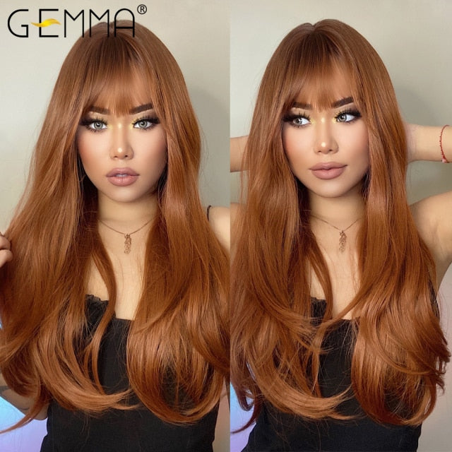 Red Brown Copper Ginger Long Straight Synthetic Wigs for Women with Bangs Heat Resistant