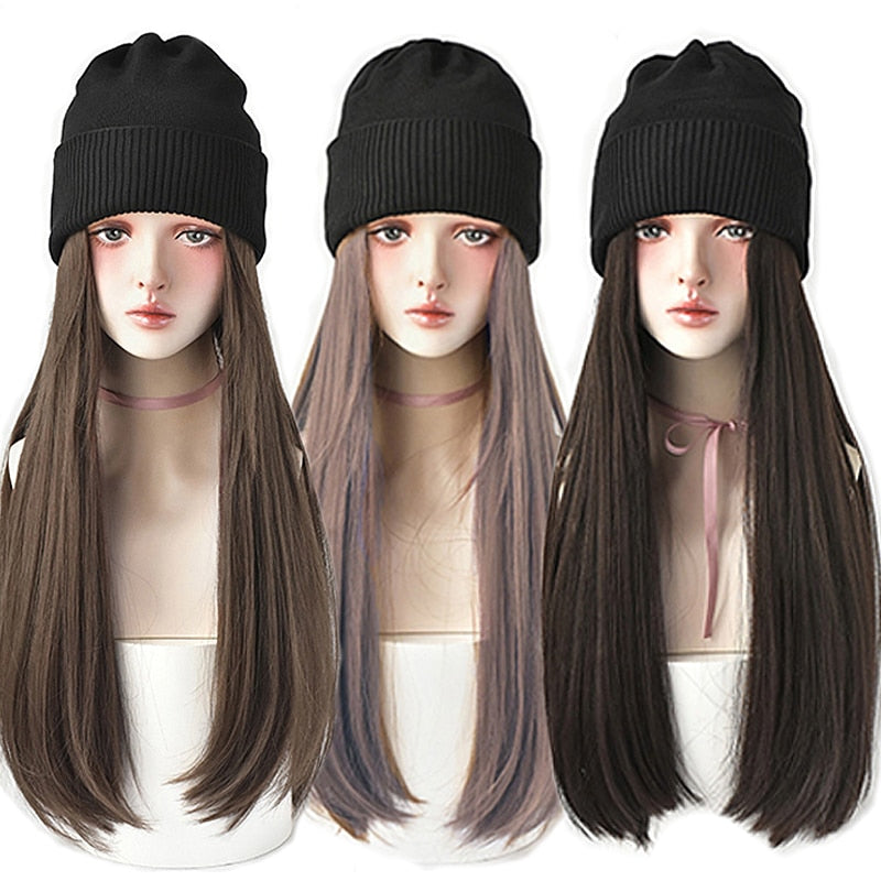 Beanies Hat With Long Straight Synthetic Wigs