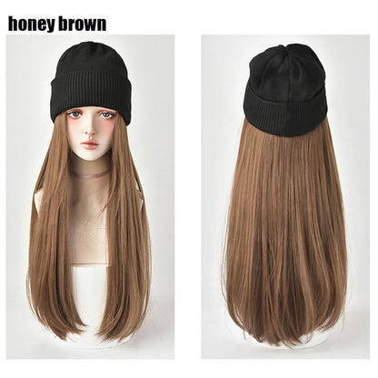 Beanies Hat With Long Straight Synthetic Wigs