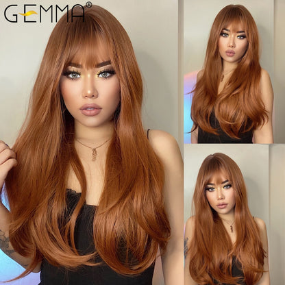 Red Brown Copper Ginger Long Straight Synthetic Wigs for Women with Bangs Heat Resistant